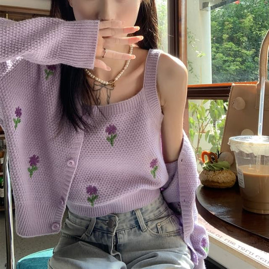 Top Embroidered Neck Knit Floral + Cardigan Crop Square Tank Set: