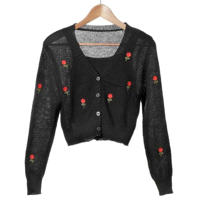 Top Embroidered Neck Knit Floral + Cardigan Crop Square Tank Set: