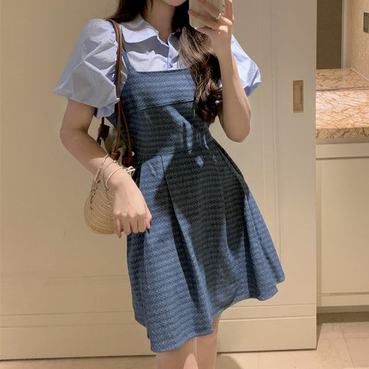 Puff-Sleeve Plain Blouse / Spaghetti Strap Square Neck Striped Denim Mini A-Line Dress