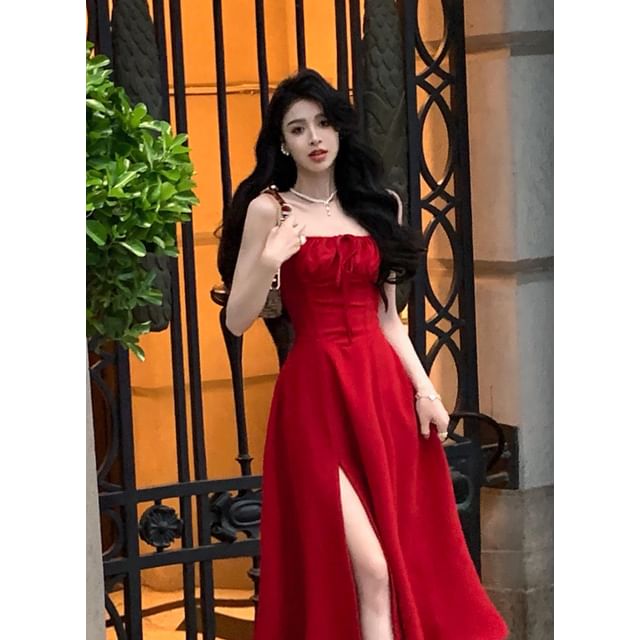 Spaghetti Strap Square Neck Plain Slit Midi A-Line Dress