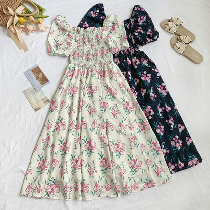 Square-Neck Puff-Sleeve Ruched Floral A-Line Dress