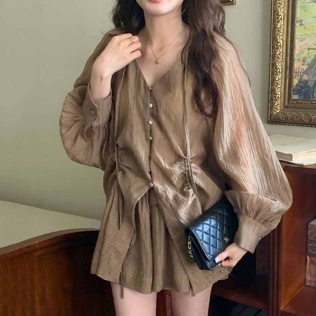 Set: Long-Sleeve V-Neck Drawstring Blouse + High Waist Wide Leg Shorts