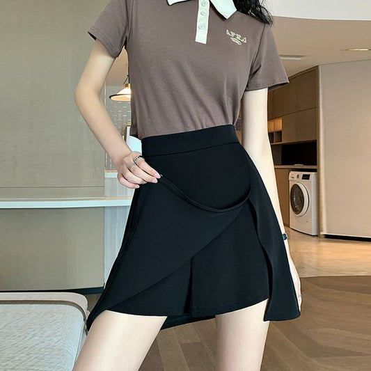 Plain A-Line High Waist Skort Slit Mini