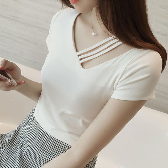Asymmetrical Strappy Short-Sleeve Plain Tee V-Neck