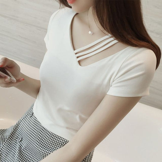 Asymmetrical Strappy Short-Sleeve Plain Tee V-Neck
