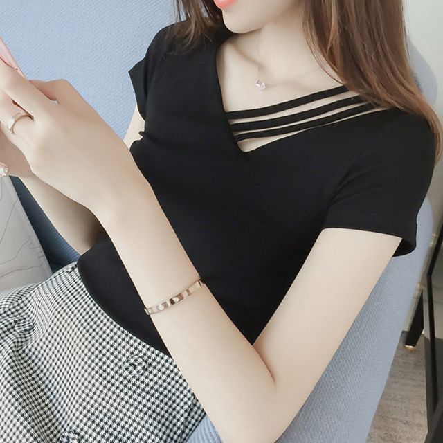 Asymmetrical Strappy Short-Sleeve Plain Tee V-Neck