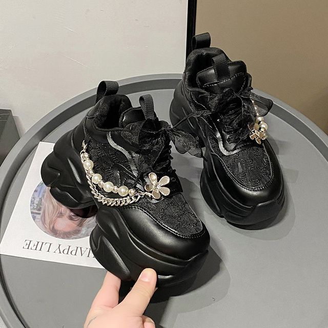 Faux Lace Sneakers Panel Lace-Up Pearl Pattered Platform