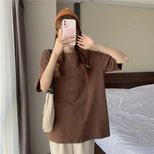 Plain Lettering Crew Elbow-Sleeve Tee Embossed Neck Oversized