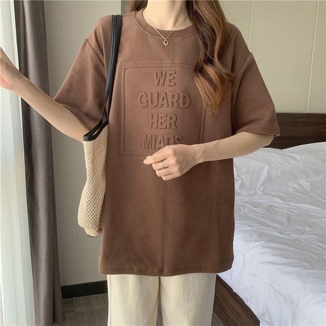 Plain Lettering Crew Elbow-Sleeve Tee Embossed Neck Oversized