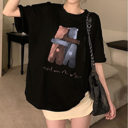 T-Shirt Crew Print Illustration Elbow-Sleeve Neck