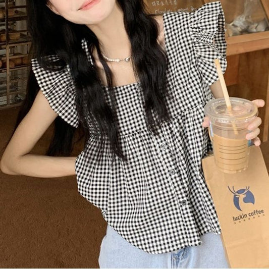 Blouse Gingham Ruffle Sleeveless