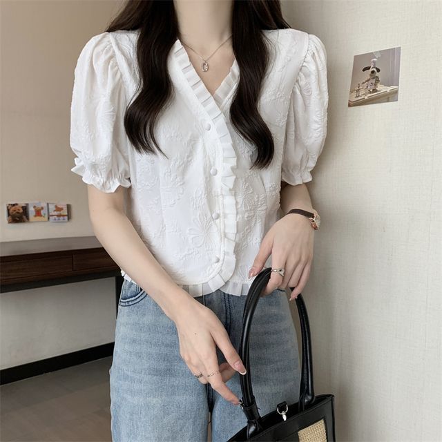 Frill V-Neck Short-Sleeve Jacquard Blouse