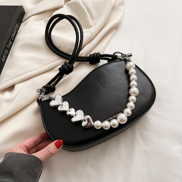 Faux Leather Faux Pearl Strap Shoulder Bag