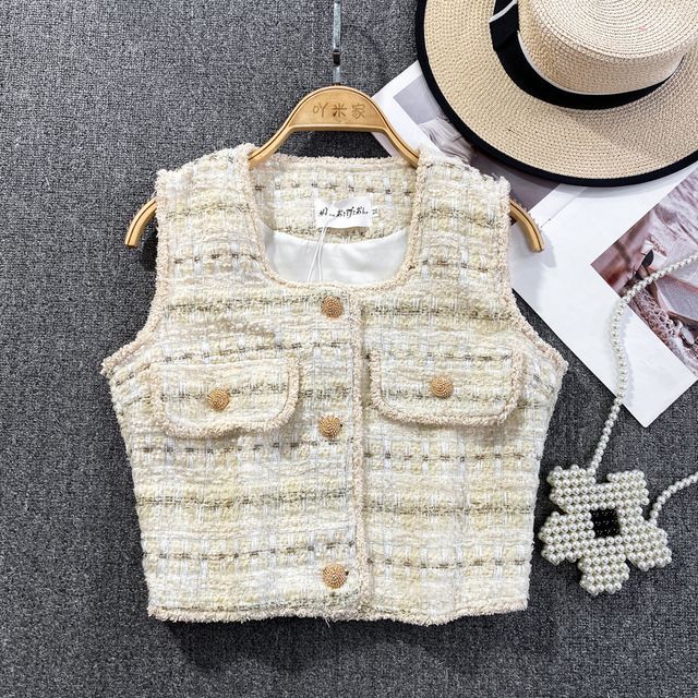 Square Neck Tassel Tweed Vest