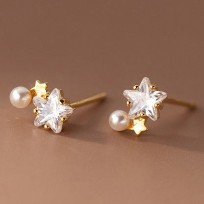 925 Sterling Silver Rhinestone Star Faux Pearl Stud Earring