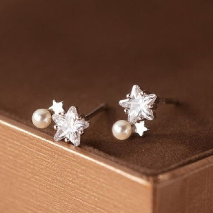 925 Sterling Silver Rhinestone Star Faux Pearl Stud Earring