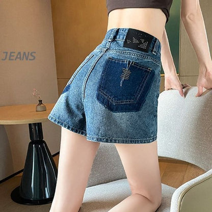 High Waist Embroidered Applique Denim Hot Pants