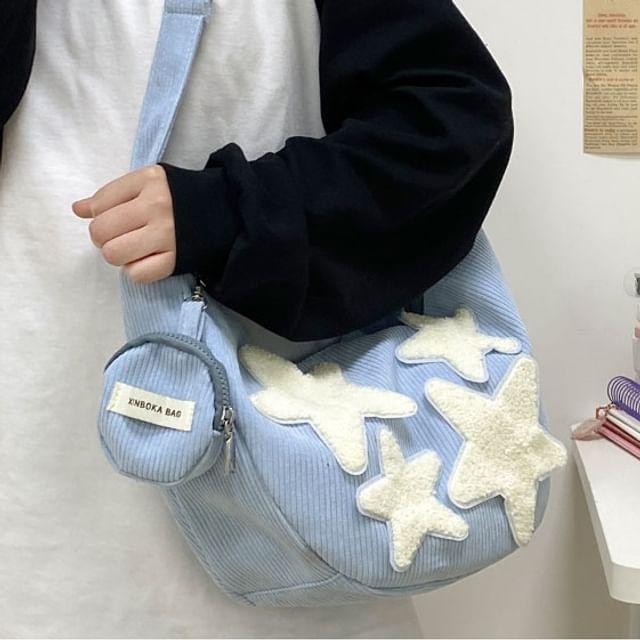 Corduroy Star Applique Zipper Crossbody Pouch With Coin Purse (Various Designs)