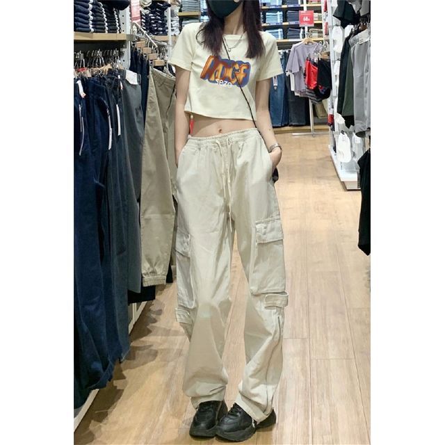 Low Rise Plain Drawstring Cargo Baggy Pants