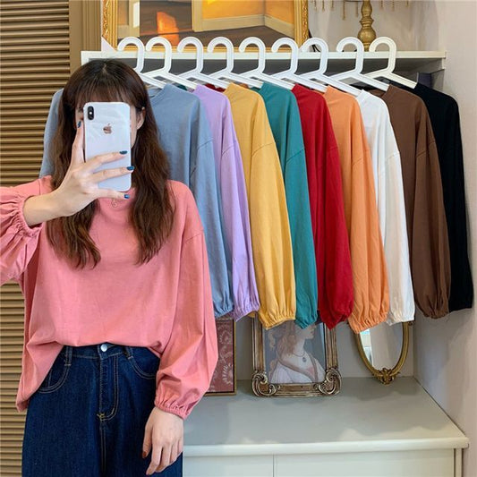 Balloon Neck T-Shirt Round Plain Sleeve