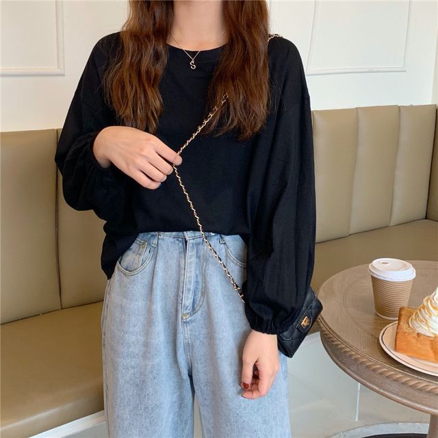 Balloon Neck T-Shirt Round Plain Sleeve