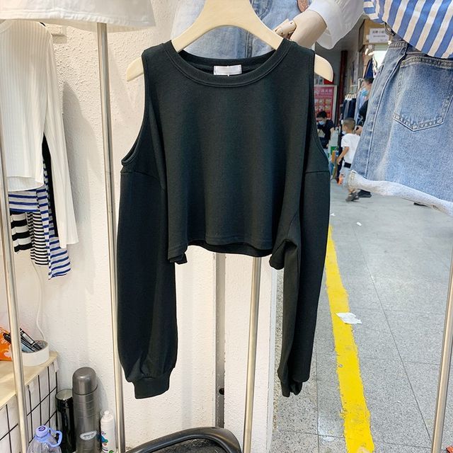 Tee Crop Long-Sleeve Plain Cold Shoulder