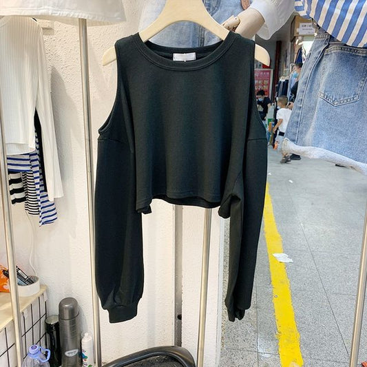 Tee Crop Long-Sleeve Plain Cold Shoulder