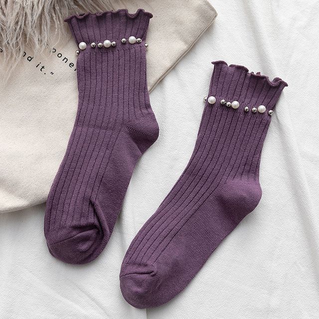 Plain Faux Pearl Beaded Short Socks