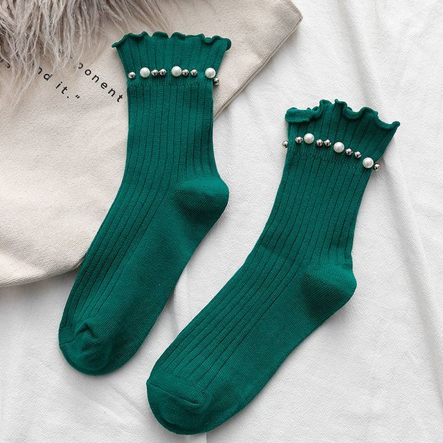 Plain Faux Pearl Beaded Short Socks