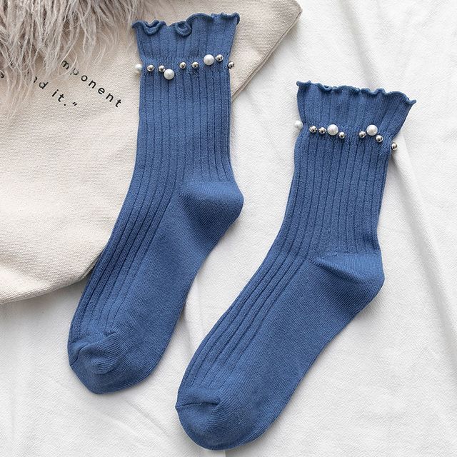 Plain Faux Pearl Beaded Short Socks