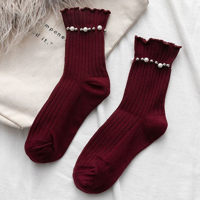 Plain Faux Pearl Beaded Short Socks