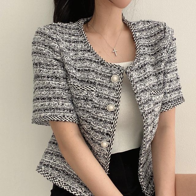 Short Sleeve Faux Pearl Button Tweed Blazer