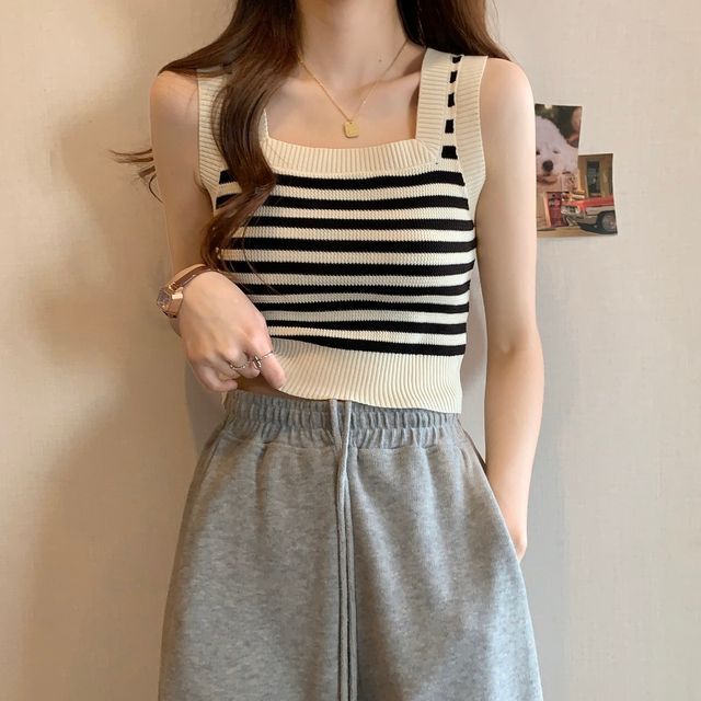 Striped Neck Top Square Crop Tank
