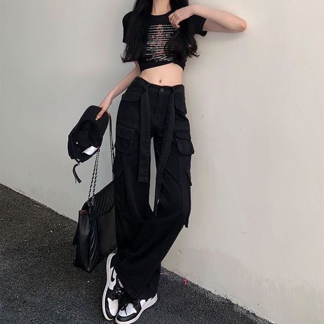 Low Waist Straight-Fit Wide-Leg Cargo Pants