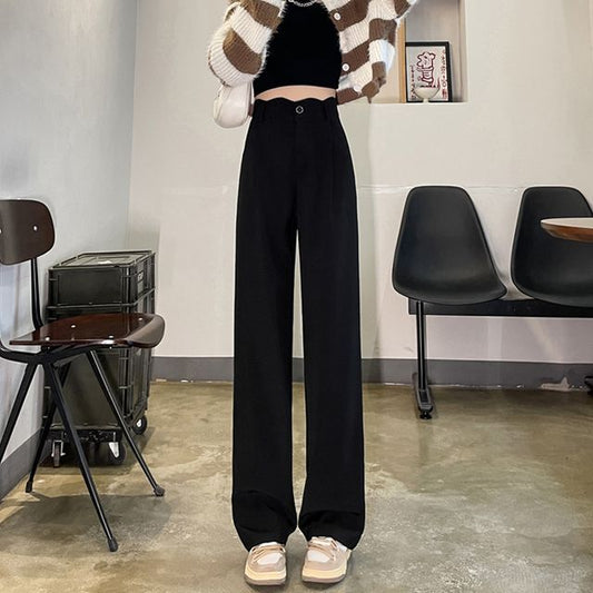 High Rise Plain Scallop Edge Wide Leg Pants