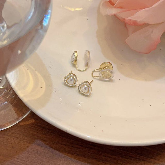 / Pearl Rhinestone Stud Faux Earring Clip-On Heart