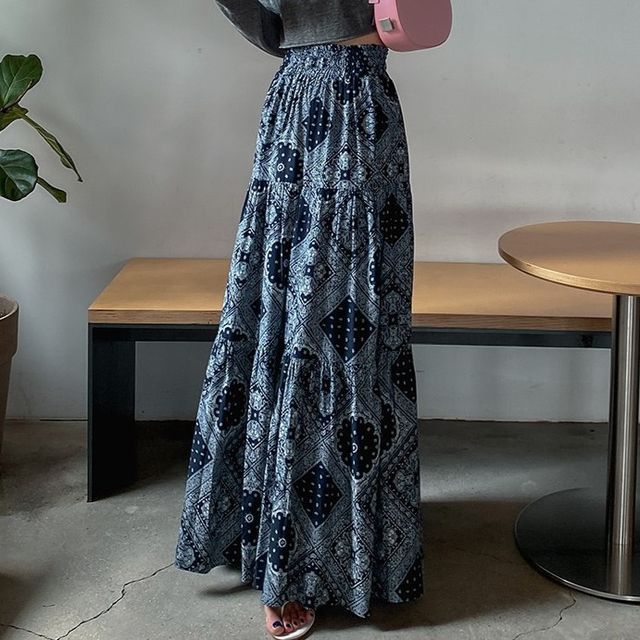 Elastic Waist Patterned Maxi A-Line Skirt