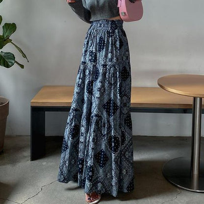 Elastic Waist Patterned Maxi A-Line Skirt