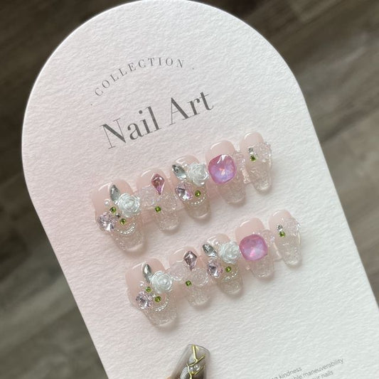 Floral Faux Crystal Faux Nail Tips