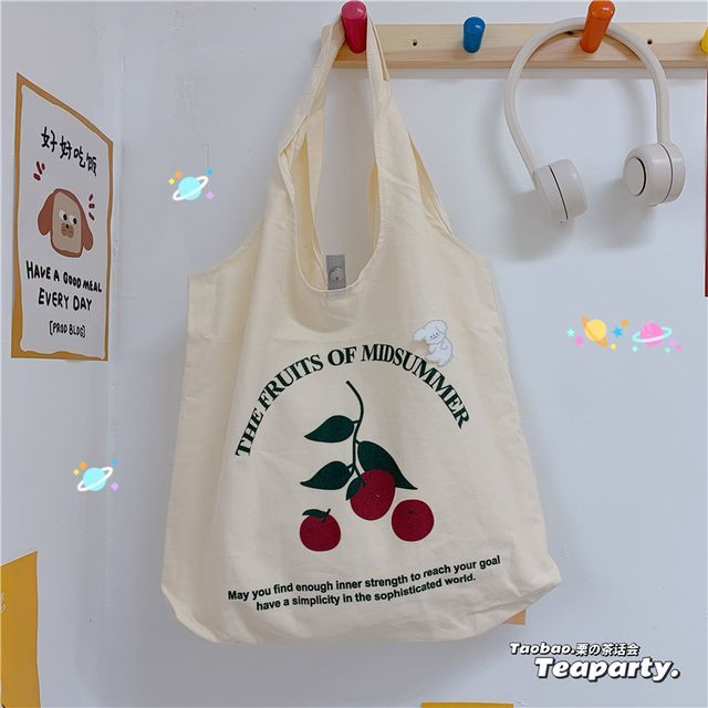 Lettering Cartoon Print Shopper Bag / Bag Charm / Set