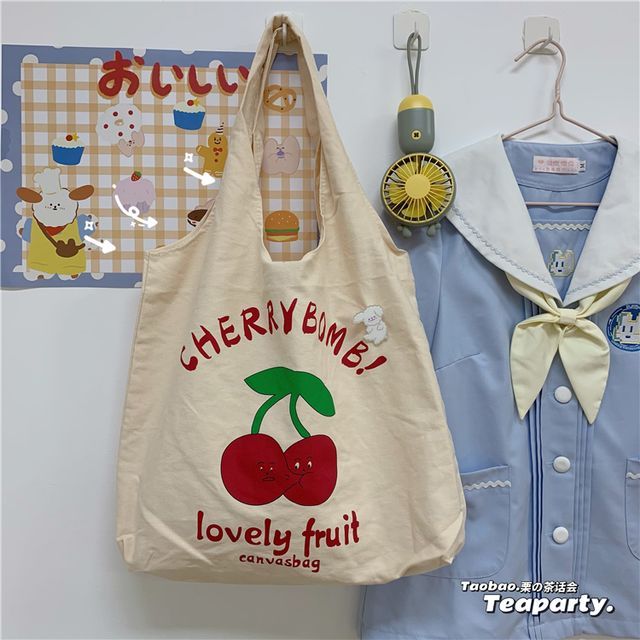 Lettering Cartoon Print Shopper Bag / Bag Charm / Set