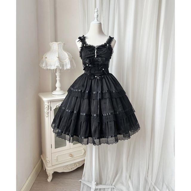 Sleeveless U-Neck Plain Tiered A-Line Lolita Dress