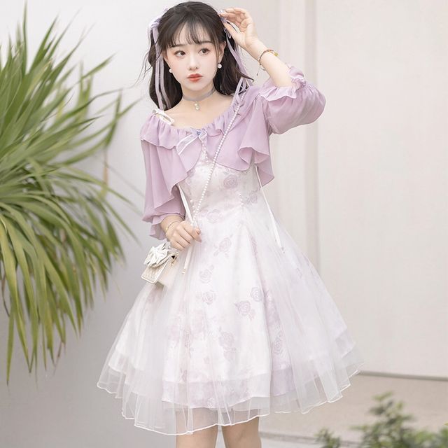 Lolita Short-Sleeve Plain Shrug / Spaghetti Strap Mesh Tiered Mini A-Line Dress / Set