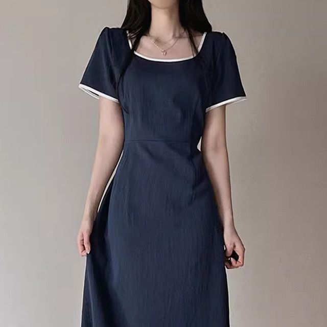 Short-Sleeve Square Neck Contrast Trim Midi A-Line Dress