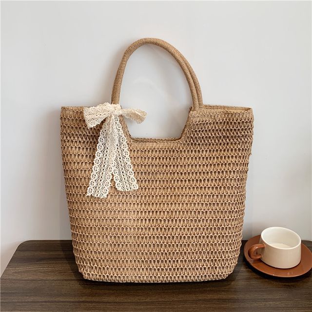 Lace Bow Woven Tote Bag