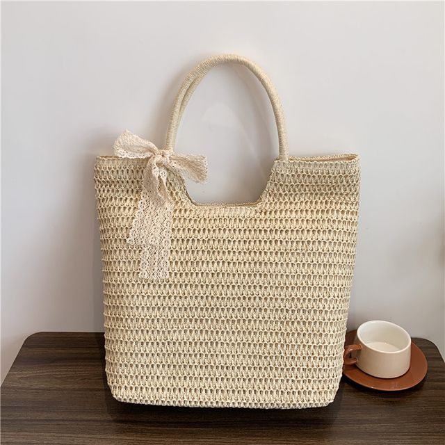 Lace Bow Woven Tote Bag