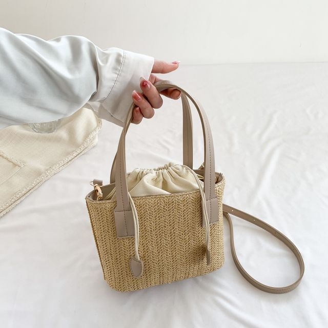 Drawstring Woven Bucket Bag