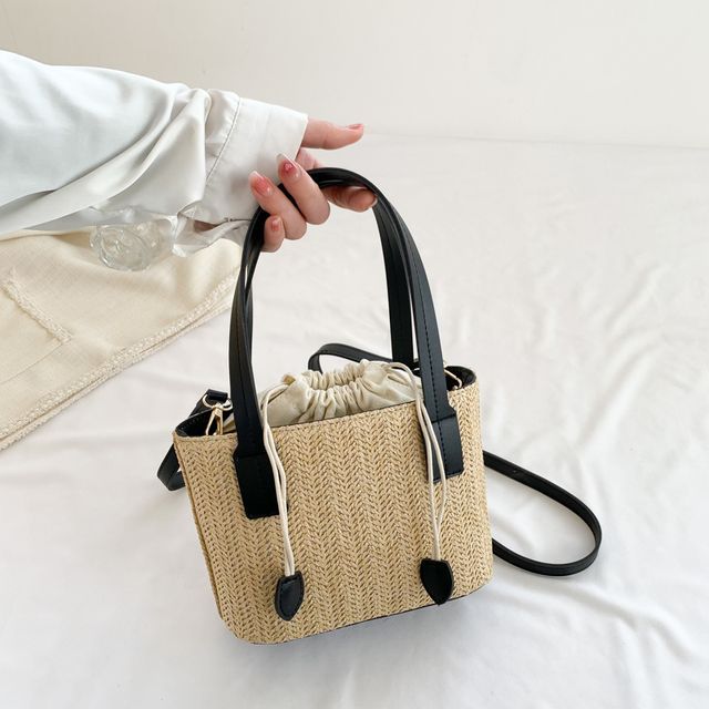 Drawstring Woven Bucket Bag