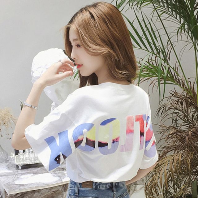 T-Shirt Neck Crew Lettering Short-Sleeve