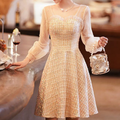 Long-Sleeve Frill Faux Pearl Sequin Panel Tweed A-Line Dress